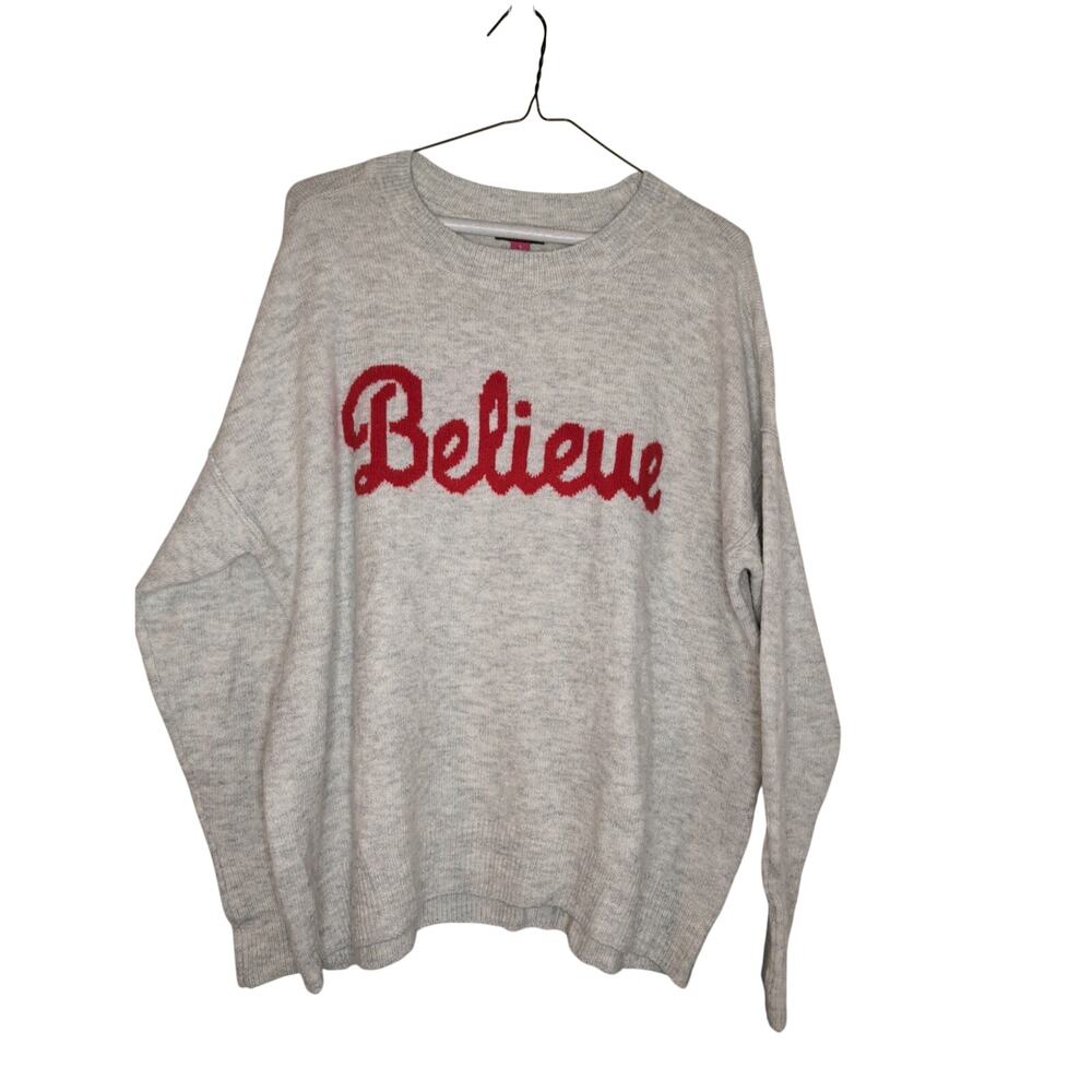 Vince Camuto Believe Sweater Womens Small S Gray Knit Red Embroidered Holiday
